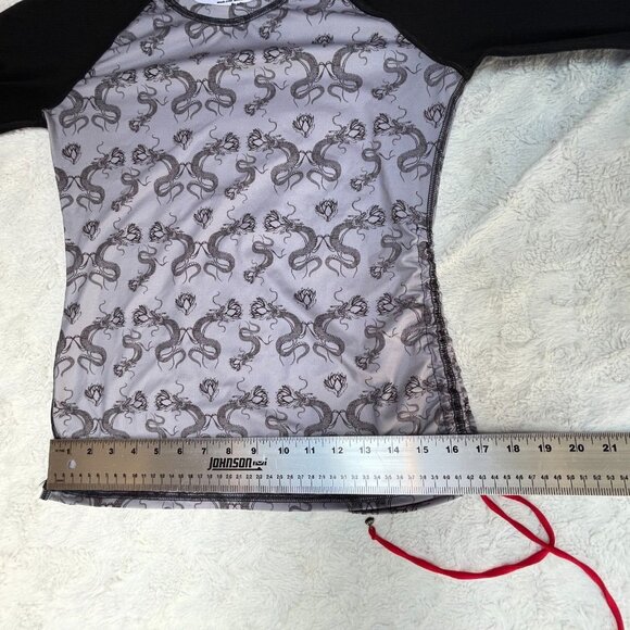 Singh Womens Rash Guard Swimwear Top Small Black Ruched Dragon Floral Stretch - Picture 6 of 7